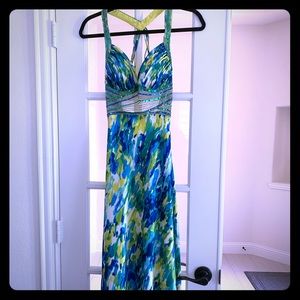 Cachet blue yellow green long evening dress